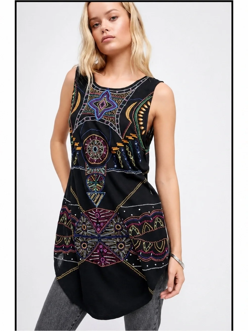 FREE PEOPLE Boho Embroidered Black Sleeveless Tunic Dress